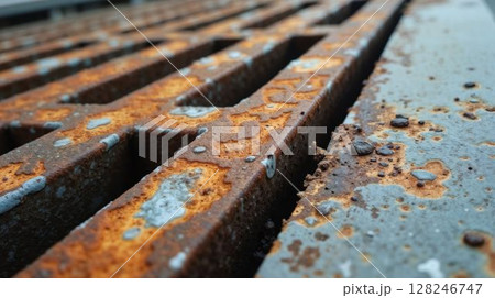 Weathered rusty grate with peeling metal and corrosion spots 128246747