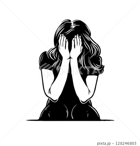 Woman covering face with hands, illustration style, on white background. Concept of stress or anxiety Woman covering face with hands, illustration style, on white background. Concept of stress or anxiety 128246803