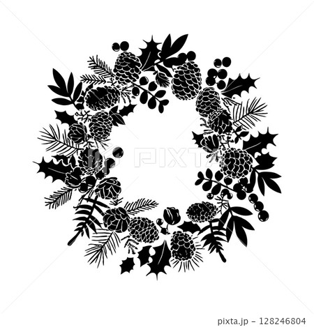 Black Christmas botanical wreath featuring pinecones, holly leaves, and berries in silhouette style on a white background. Concept of natural elegance Black Christmas botanical wreath featuring pinecones, holly leaves, and berries in silhouette style on a white background. Concept of natural elegance 128246804