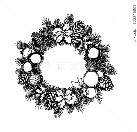 Hand-drawn Christmas wreath with ornaments and ribbon. Hand-drawn Christmas wreath with ornaments and ribbon. 128246805