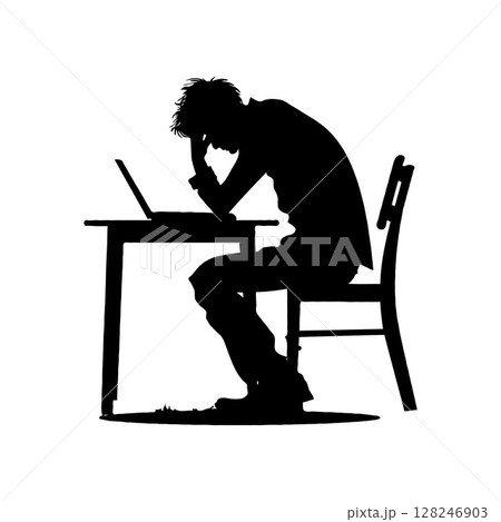 A silhouette depicting a person sitting at a desk, stressed while working, on a plain background, concept of stress and frustration, burnout at work 128246903