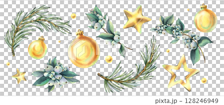 A set of watercolor holiday clip art featuring pine branches, snowberries, gold ornaments and stars. Hand painted for winter holiday cards, packaging and DIY decor. New Year, Christmas Illustration 128246949