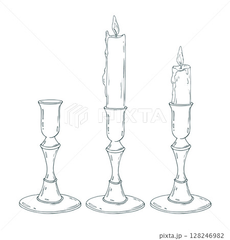 Line drawing of two vintage candles in decorative candlesticks and a candle holder. Hand drawn in black ink, perfect for Christmas, seasonal decor, minimalist invitations and winter arrangements. 128246982