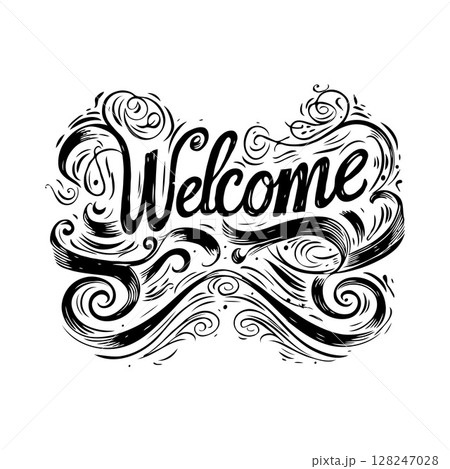 A beautiful welcome message with ornate swirls, in a bold graphic style, set against a plain background, conveying hospitality. Vector illustration 128247028