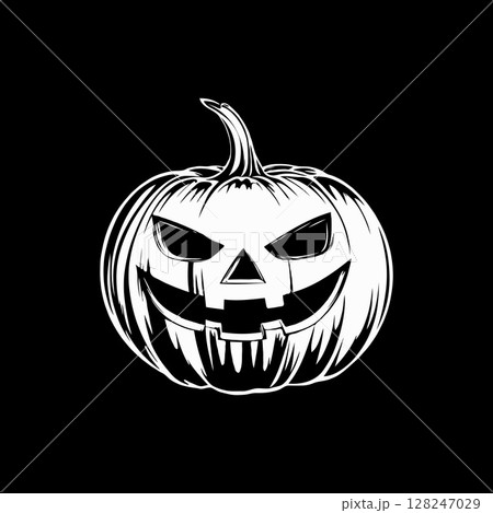 Scary jack-o'-lantern with menacing eyes and sharp teeth, hand-drawn style on solid black background, concept of Halloween horror design 128247029