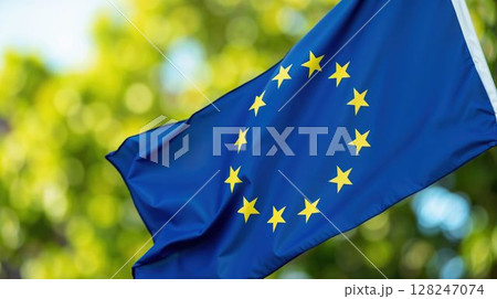 European Union flag waving against green bokeh background 128247074