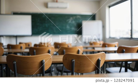 Silent empty classroom with natural daylight and screen 128247091
