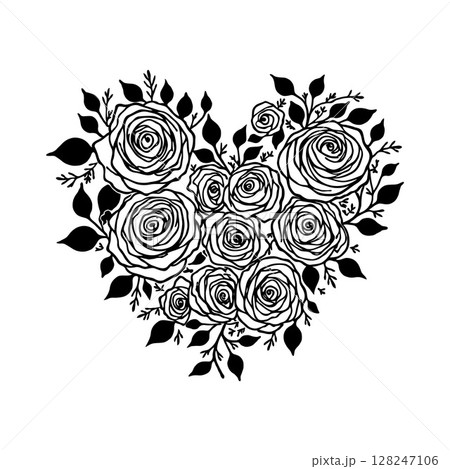 Heart-shaped floral arrangement with roses and leaves in a black and white graphic style on a white background, symbolizing love. Valentine's day, wedding illustration. Heart-shaped floral arrangement with roses and leaves in a black and white graphic style on a white background, symbolizing love. Valentine's day, wedding illustration. 128247106