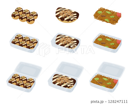 パックに入ったお祭りのたこ焼きとお好み焼きと焼きそばのイラスト素材セット パックに入ったお祭りのたこ焼きとお好み焼きと焼きそばのイラスト素材セット 128247111