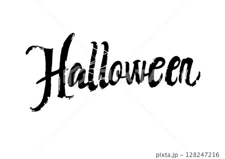 Image of the word Halloween written in a spooky, black font on a white background. Concept of Halloween celebration and spooky themes 128247216