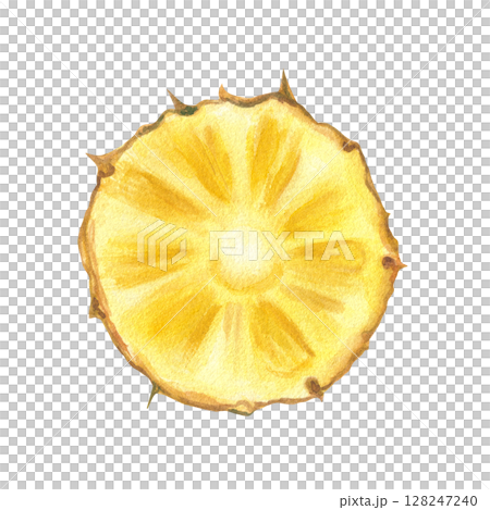 Realistic juicy ripe yellow pineapple slice watercolor illustration isolated background. Hand painted tropical cross section sweet fruit sketch for summer menu, healthy food packaging Realistic juicy ripe yellow pineapple slice watercolor illustration isolated background. Hand painted tropical cross section sweet fruit sketch for summer menu, healthy food packaging 128247240