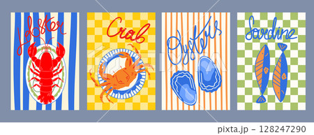 Retro poster design with seafood illustration. Lobster, sardines, oysters, crab 128247290