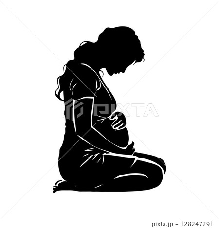 Silhouette of a pregnant woman sitting on the floor, hands on belly, white background, symbol of motherhood and care 128247291