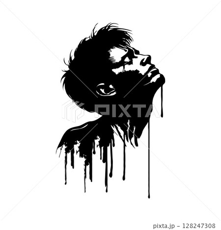 Silhouette of a person with a melting, dripping effect in black ink on a white background. Expressive and artistic concept of emotion and decay 128247308