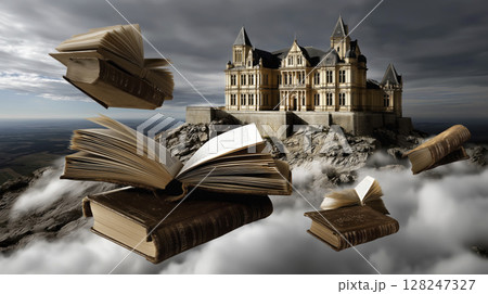 Floating books in front of a majestic castle on a rocky mountain under a dramatic sky Floating books in front of a majestic castle on a rocky mountain under a dramatic sky 128247327