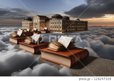Enormous books floating in clouds with a grand educational building in the background Enormous books floating in clouds with a grand educational building in the background 128247329