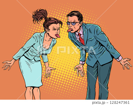 Pop Art Retro People stick out their tongues at each other. Problems at work and in a team. Conflict in business. 128247361