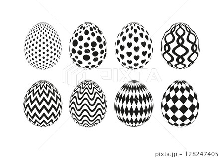 Set of black and white Easter eggs with abstract and geometric patterns on a white background. Concept of festive decoration and modern minimalism 128247405