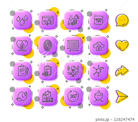 Quick tips, Clipboard and Charging station line icons. App 3d buttons. Social media comment, share, like icons. Pack of Cloud protection, Seo marketing, Deflation icon. Vector 128247474
