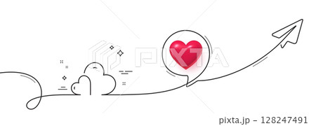 Care with love line icon. Continuous line with share plane. Two hearts sign. Volunteer care symbol. 3d heart in speech bubble. Care single line ribbon. Loop curve pattern. Vector Care with love line icon. Continuous line with share plane. Two hearts sign. Volunteer care symbol. 3d heart in speech bubble. Care single line ribbon. Loop curve pattern. Vector 128247491