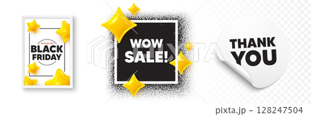 Wow sale photo frame 3d stars. Thank you sticker banner. Wow Sale tag. Special offer price sign. Advertising Discounts symbol. Black friday poster. Promo background. Vector 128247504