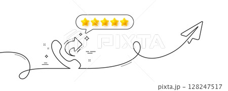 Call center service line icon. Continuous line with share plane. Share phone call sign. Feedback symbol. Five star rate review in speech bubble. Share call single line ribbon. Vector 128247517