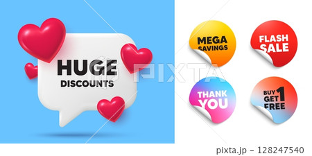 Huge discounts speech bubble, sticker tags. Get free, Flash sale stickers. Huge Discounts tag. Special offer price sign. Advertising Sale symbol. Thank you tag. 3d hearts chat bubble. Vector Huge discounts speech bubble, sticker tags. Get free, Flash sale stickers. Huge Discounts tag. Special offer price sign. Advertising Sale symbol. Thank you tag. 3d hearts chat bubble. Vector 128247540