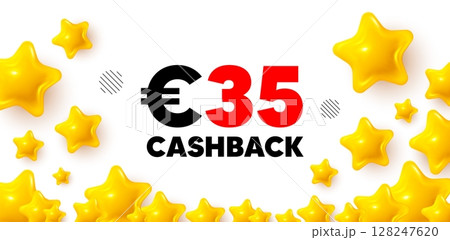 Cashback winner banner with 3d stars. Golden stars banner. 35 Eur cashback. Money back offer sign. Cash back promo symbol. Review rate background. Vector 128247620