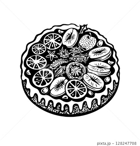 Detailed black and white Christmas fruitcake illustration, decorated with fruits and holly leaves, isolated on white. Perfect for festive designs 128247708