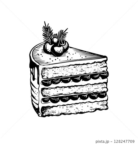 Slice of layered Christmas cake topped with decorative cherries and leaves, in black and white sketch style, isolated on white background 128247709