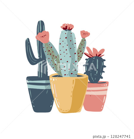 Three stylized cacti in vibrant pots, illustrated on a clean white background, showcasing a playful botanical concept 128247741