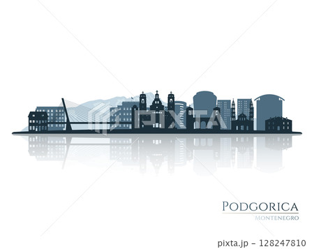 Podgorica skyline silhouette with reflection.  128247810