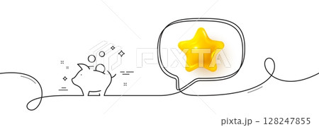 Piggy bank line icon. Continuous line with 3d star. Coins money sign. Business savings symbol. 3d star in speech bubble. Piggy bank single line ribbon. Loop curve pattern. Vector Piggy bank line icon. Continuous line with 3d star. Coins money sign. Business savings symbol. 3d star in speech bubble. Piggy bank single line ribbon. Loop curve pattern. Vector 128247855