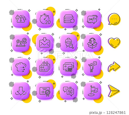 Recovery server, Inspect and 24h service line icons. App 3d buttons. Social media comment, share, like icons. Pack of 5g internet, Agent, Incoming mail icon. Vector Recovery server, Inspect and 24h service line icons. App 3d buttons. Social media comment, share, like icons. Pack of 5g internet, Agent, Incoming mail icon. Vector 128247861