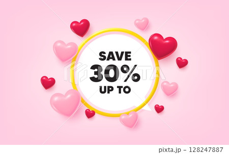 Discount frame banner. Speech bubble offer. Save up to 30 percent tag. Discount Sale offer price sign. Special offer symbol. 3d hearts love tag. Golden frame banner. Vector 128247887