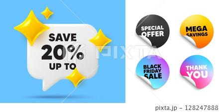 Discount speech bubble, sticker tags. Offer, Black friday stickers. Save up to 20 percent tag. Discount Sale offer price sign. Special offer symbol. Thank you tag. 3d sparkle chat bubble. Vector Discount speech bubble, sticker tags. Offer, Black friday stickers. Save up to 20 percent tag. Discount Sale offer price sign. Special offer symbol. Thank you tag. 3d sparkle chat bubble. Vector 128247888