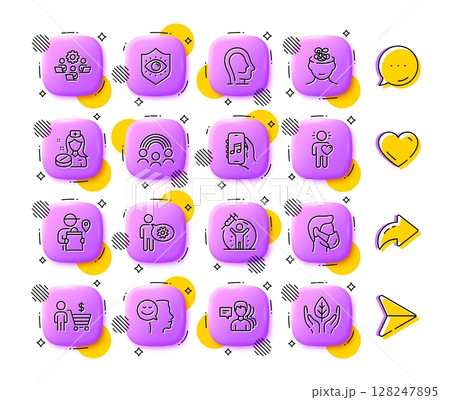 Eye protection, Friend and Anxiety line icons. App 3d buttons. Social media comment, share, like icons. Pack of Vaccine protection, Delivery man, Psychology icon. Vector 128247895