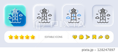 Lighthouse line icon. Neumorphic, Flat shadow, 3d buttons. Beacon tower sign. Searchlight building symbol. Line lighthouse icon. Social media icons. Vector Lighthouse line icon. Neumorphic, Flat shadow, 3d buttons. Beacon tower sign. Searchlight building symbol. Line lighthouse icon. Social media icons. Vector 128247897