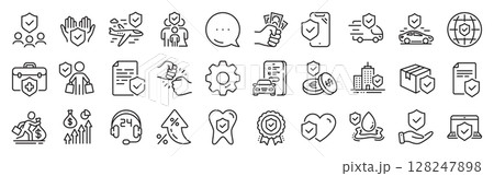Insurance line icons. Settings gear, Message, Inflation icons. Health care, risk, help service. Car accident, flood insurance, flight protection icons. Vector 128247898