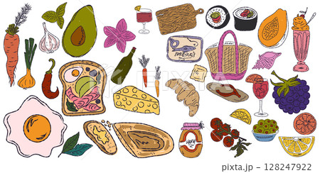 A whimsical set of hand-drawn sketches with splashes of color, Dolce Vita is inspired by the Mediterranean lifestyle. Includes food, drinks, flowers, summer decor and travel items. A whimsical set of hand-drawn sketches with splashes of color, Dolce Vita is inspired by the Mediterranean lifestyle. Includes food, drinks, flowers, summer decor and travel items. 128247922