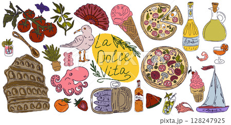 A whimsical set of hand-drawn sketches with splashes of color, Dolce Vita is inspired by the Mediterranean lifestyle. Includes food, drinks, flowers, summer decor and travel items. A whimsical set of hand-drawn sketches with splashes of color, Dolce Vita is inspired by the Mediterranean lifestyle. Includes food, drinks, flowers, summer decor and travel items. 128247925