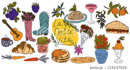 A whimsical set of hand-drawn sketches with splashes of color, Dolce Vita is inspired by the Mediterranean lifestyle. Includes food, drinks, flowers, summer decor and travel items. 128247926
