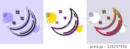 Moon and stars line icon. Halftone dotted pattern. Gradient icon with grain shadow. Night sign. Sleep symbol. Line moon stars icon. Various designs. Vector 128247948