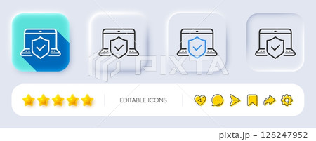 Laptop insurance hand line icon. Neumorphic, Flat shadow, 3d buttons. Risk coverage sign. Notebook protection symbol. Line laptop insurance icon. Social media icons. Vector 128247952