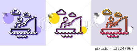 Boat fishing line icon. Halftone dotted pattern. Gradient icon with grain shadow. Fisherman with rod sign. Catching fish symbol. Line boat fishing icon. Various designs. Vector 128247967