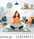 A modern freelance professional balances remote work and wellness in a cozy home setting. The image shows a person multitasking between yoga and answering emails, surrounded by everyday essentials: a 128248015
