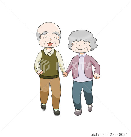 手をつないで歩く老夫婦 白背景 128248034