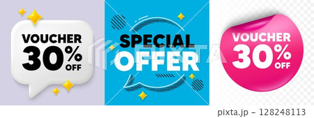 Coupon speech bubble. 3d sparkles chat, Paper sticker. Voucher 30 percent off sale. Special offer coupon sign. Black friday discount symbol. Special offer bubble. Halftone dots pattern. Vector Coupon speech bubble. 3d sparkles chat, Paper sticker. Voucher 30 percent off sale. Special offer coupon sign. Black friday discount symbol. Special offer bubble. Halftone dots pattern. Vector 128248113