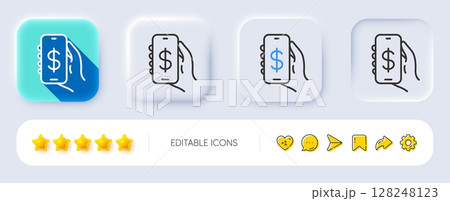 Money app line icon. Neumorphic, Flat shadow, 3d buttons. Hand hold phone sign. Cellphone with screen notification symbol. Line money app icon. Social media icons. Vector Money app line icon. Neumorphic, Flat shadow, 3d buttons. Hand hold phone sign. Cellphone with screen notification symbol. Line money app icon. Social media icons. Vector 128248123