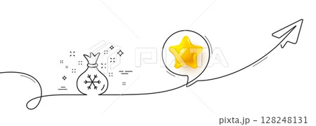 Santa sack line icon. Continuous line with share plane. Christmas or New year sign. Bag with gifts and presents symbol. 3d star in speech bubble. Santa sack single line ribbon. Vector 128248131